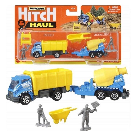 Matchbox Diecast Model Car Hitch &amp; haul Construction Set Dump Truck + Cement Mixer trailer + accessories new in pack