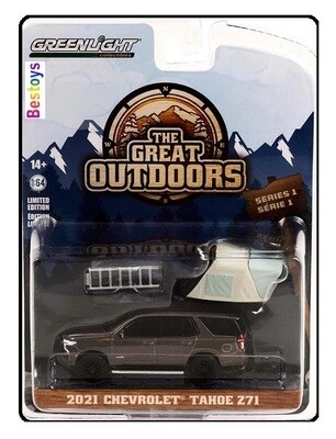 Greenlight Diecast Model Car Outdoors Chevy Chevrolet Tahoe Z 71 Z71 2021 + Rooftop tent 1/64 scale new in pack