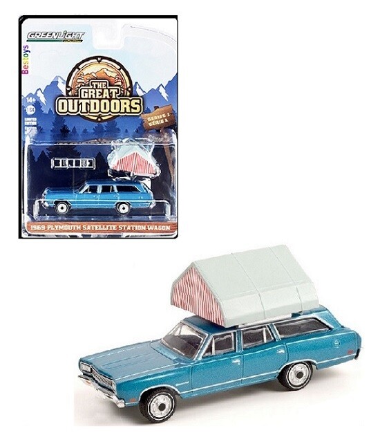 Greenlight Diecast Model Car Outdoors Plymouth Satellite Stationwagon 1969 + Rooftop tent 1/64 scale new in pack