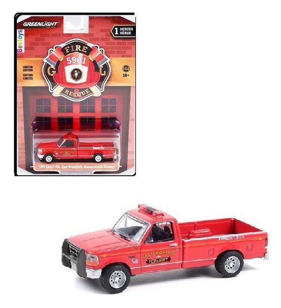 Greenlight Diecast Model Car Fire &amp; Rescue Ford F 350 F350 Pickup 1992 East Brookfield Massachusetts Forestry 1/64 scale new in pack