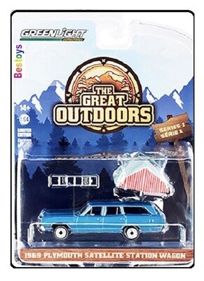 Greenlight Diecast Model Car Outdoors Plymouth Satellite Stationwagon 1969 + Rooftop tent 1/64 scale new in pack