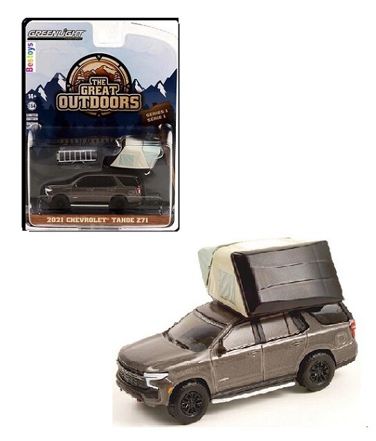 Greenlight Diecast Model Car Outdoors Chevy Chevrolet Tahoe Z 71 Z71 2021 + Rooftop tent 1/64 scale new in pack