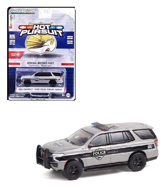 Greenlight Diecast Model Car Hot Pursuit Police Chevy Chevrolet Tahoe Pursuit Vehicle 2021 General Motors 1/64 scale new in pack