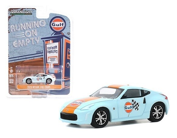 Greenlight Diecast Model Car Running on Empty Nissan 370 Z 370Z Coupe 2020 &quot;Gulf&quot; 1/64 scale