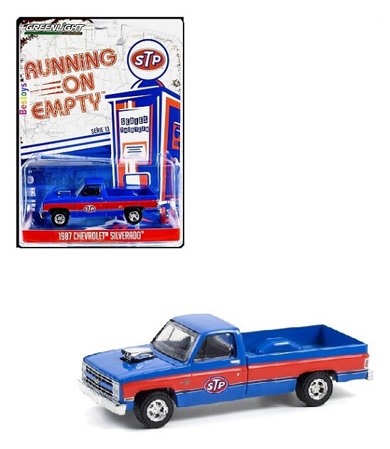 Greenlight Diecast Model Car Running on Empty Chevy Chevrolet Silverado Pickup 1987 Blown motor &quot;STP&quot; 1/64 scale new in pack