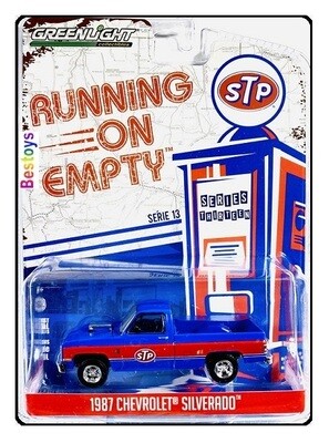 Greenlight Diecast Model Car Running on Empty Chevy Chevrolet Silverado Pickup 1987 Blown motor "STP" 1/64 scale new in pack