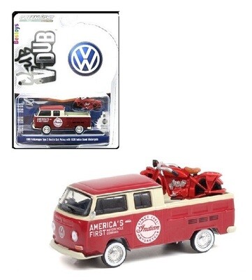 Greenlight Diecast Model Car VDub Series VW Volkswagen Kombi T 2 T2 Double Cab Pickup 1972 + Indian Motorcycle 1/64 scale