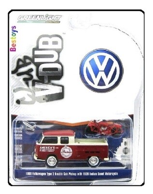 Greenlight Diecast Model Car VDub Series VW Volkswagen Kombi T 2 T2 Double Cab Pickup 1972 + Indian Motorcycle 1/64 scale