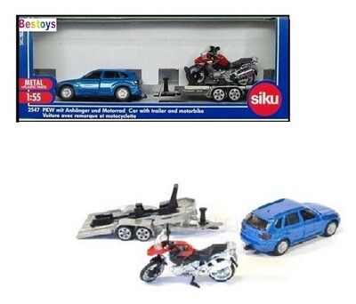 SIKU Diecast Model Car Set 2547 BMW X 5 X5 + Motorcycle Bike R1200 R 1200GS + Trailer 1/55 scale new in pack