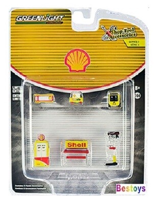 Greenlight Model Accessory Set Garage Workshop Tools Diorama "Shell" Pump Compressor Workbench Drill 1/64 scale new in pack