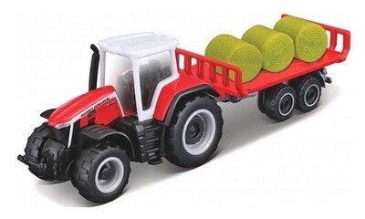 Maisto Mini Work Machines Diecast Model Tractor Massey Ferguson Tractor 8S 265 + Hay Trailer Farm Agricultural +- 1/64 scale