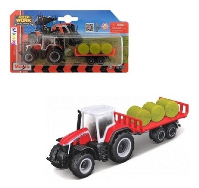 Maisto Mini Work Machines Diecast Model Tractor Massey Ferguson Tractor 8S 265 + Hay Trailer Farm Agricultural +- 1/64 scale new in pack