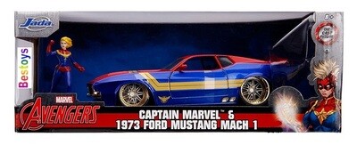 JADA Diecast Model Car 31193 Ford Mustang Mach 1 1973 &amp; Captain Marvel Figurine Avengers 1/24 scale