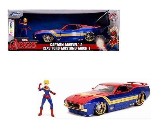 JADA Diecast Model Car 31193 Ford Mustang Mach 1 1973 &amp; Captain Marvel Figurine Avengers 1/24 scale