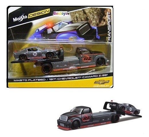 Maisto Design Diecast Model Car Elite Transport Flatbed Recovery Truck + Chevy Chevrolet Camaro Z 28 1971 1/64 scale