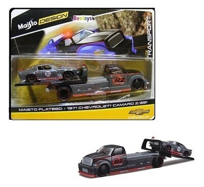 Maisto Design Diecast Model Car Elite Transport Flatbed Recovery Truck + Chevy Chevrolet Camaro Z 28 1971 1/64 scale