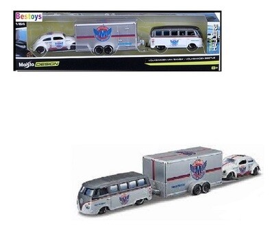 Maisto Design Series Team Hauler VW Vokswagen Kombi Samba Bus + Beetle + Enclosed Car Trailer 1/64 scale