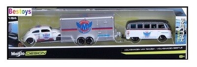 Maisto Design Series Team Hauler VW Vokswagen Kombi Samba Bus + Beetle + Enclosed Car Trailer
