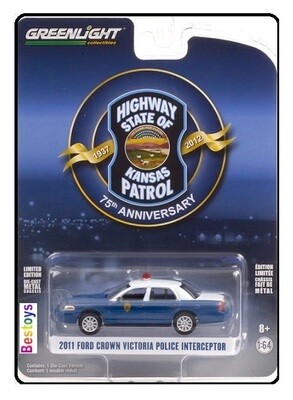 Greenlight Diecast Model Car Anniversary Series Ford Crown Victoria Police Interceptor 2011 Kansas Highway Patrol 75th Anniv 1/64 scale