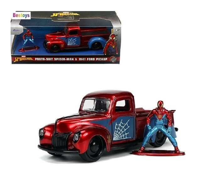 JADA Diecast Model Car 33075 Ford Pickup 1941 + Proto Suit Spider Man Spiderman Figure Marvel Movie Film TV 1/32 scale