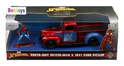 JADA Diecast Model Car 33075 Ford Pickup 1941 + Proto Suit Spider Man Spiderman Figure Marvel Movie Film TV 1/32 scale
