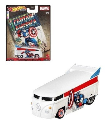 Hotwheels Hot Wheels Diecast Model Car Pop Culture Marvel Comics VW Volkswagen Kombi T 1 T1 Drag Bus Captain America 1/64 scale real riders