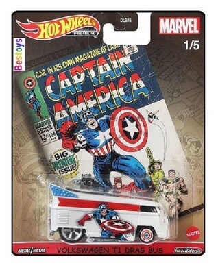 Hotwheels Hot Wheels Diecast Model Car Pop Culture Marvel Comics VW Volkswagen Kombi T 1 T1 Drag Bus Captain America 1/64 scale real riders
