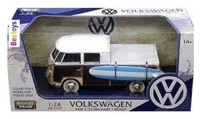 Motormax Motor Max 79560 VW Volkswagen Kombi T 1 T1 Double Cab Pickup + Surfboard 1/24 scale