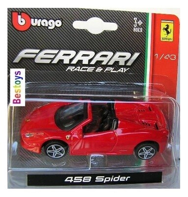 Burago Diecast Model Car Race &amp; Play Ferrari 458 Spider 1/43 scale
