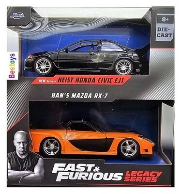 JADA Diecast Model Car 2 pk Honda Civic EJ1 Heist Car + Mazda RX 7 RX7 Han Fast & Furious Movie Film TV 1/32 scale