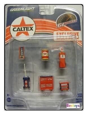 Greenlight Model Accessory Set Garage Workshop Tools Diorama "Caltex" Tool chest Trolley jack Gas pump 1/64 scale