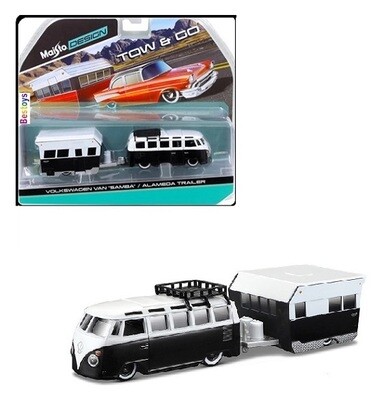 Maisto Diecast Model Car Tow &amp; Go VW Volkswagen Kombi Samba &amp; Alameda Trailer Caravan 1/64 scale