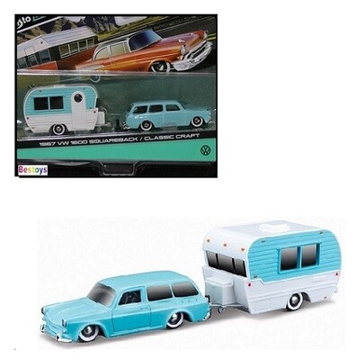Maisto Diecast Model Car Tow &amp; Go VW Volkswagen 1600 Squareback 1967 &amp; Classic Craft  Caravan 1/64 scale