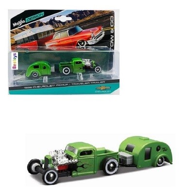 Maisto Diecast Model Car Tow &amp; Go Chevy Chevrolet Pickup 1936 + Traveler Trailer Camper 1/64 scale