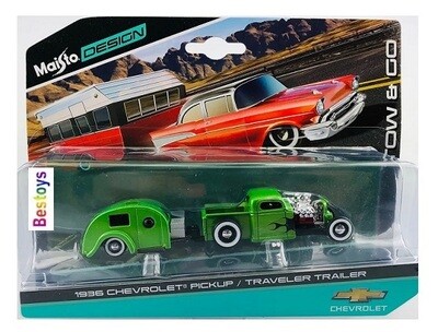 Maisto Diecast Model Car Tow &amp; Go Chevy Chevrolet Pickup 1936 + Traveler Trailer Camper 1/64 scale