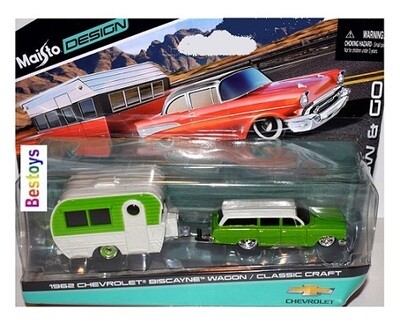 Maisto Diecast Model Car Tow &amp; Go Chevy Chevrolet Biscayne Stationwagon 1962 + Classic Craft Caravan 1/64 scale