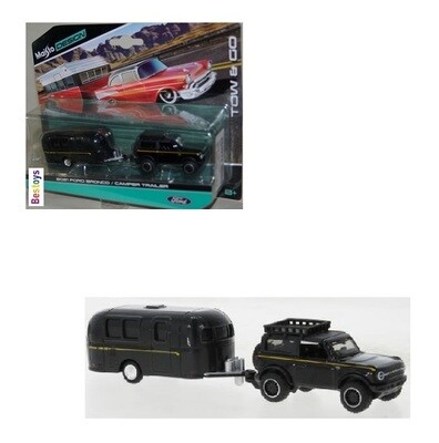 Maisto Diecast Model Car Tow &amp; Go Ford Bronco 2021 + Camper Trailer Caravan 1/64 scale