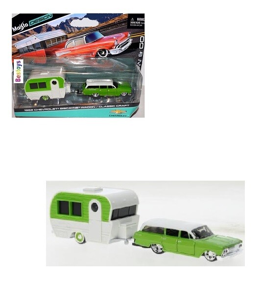 Maisto Diecast Model Car Tow &amp; Go Chevy Chevrolet Biscayne Stationwagon 1962 + Classic Craft Caravan 1/64 scale