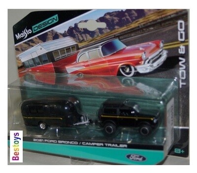 Maisto Diecast Model Car Tow &amp; Go Ford Bronco 2021 + Camper Trailer Caravan 1/64 scale