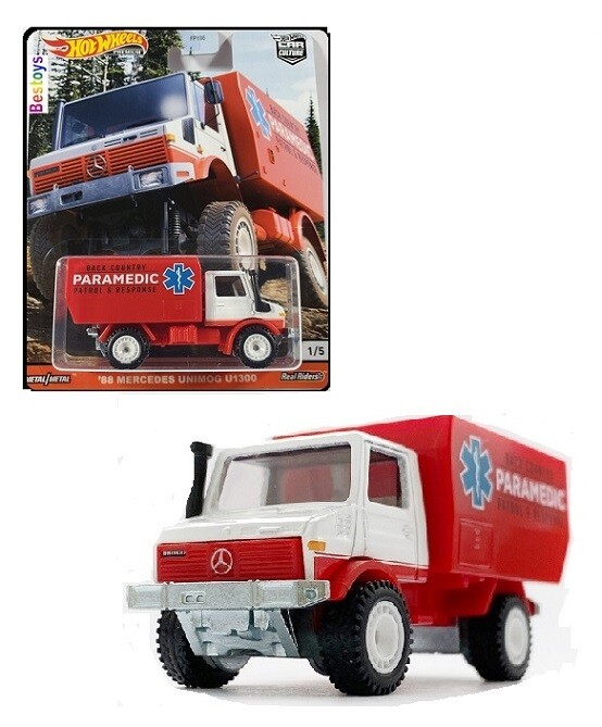 Hotwheels Hot Wheels Diecast Model Car Culture Wild Terrain Mercedes Benz Unimog U 1300 1988 &quot;Paramedic&quot; 1/64 scale