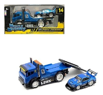 Maisto Muscle Machines Transport JDM Flatbed Recovery Truck + Nissan Skyline GT R R34 1999 Liberty Walk 1/64 scale