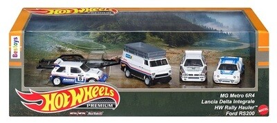 Hot Wheels Premium Set Rally Legends Ford RS Lancia MG Rally Hauler + Trailer