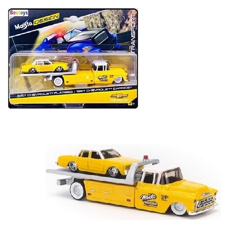 Maisto Design Elite Transport Chevy Chevrolet Flatbed Recovery Truck 1957 + Chevy Caprice 1987 1/64 scale