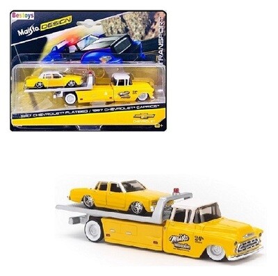 Maisto Design Elite Transport Chevy Chevrolet Flatbed Recovery Truck 1957 + Chevy Caprice 1987 1/64 scale