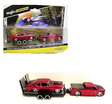 Maisto Elite Transport Chevy Chevrolet Silverado SS Pickup 2004 + Chevy Nova 1970 + trailer 1/64 scale