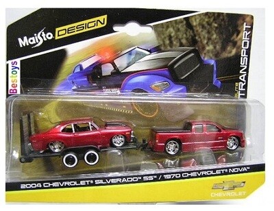 Maisto Elite Transport Chevy Chevrolet Silverado SS Pickup 2004 + Chevy Nova 1970 + trailer 1/64 scale