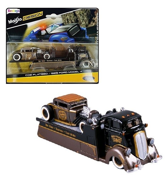 Maisto Elite Transport COE Flatbed Recovery Truck + Ford Model A 1929 &quot;Pablo&#39;s Customs&quot; 1/64 scale