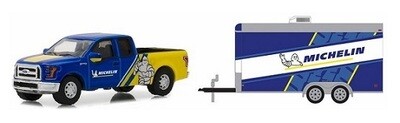 Greenlight Hitch & Tow Ford F 150 F150 Pickup 2016 + Enclosed Car Trailer "Michelin"