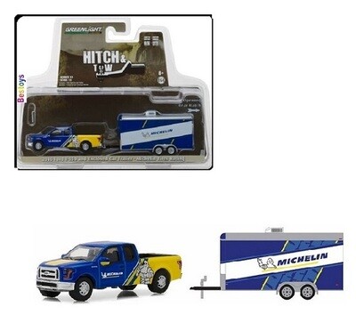 Greenlight Diecast Model Car Set Hitch &amp; Tow Ford F 150 F150 Pickup 2016 + Enclosed Car Trailer &quot;Michelin&quot; 1/64 scale