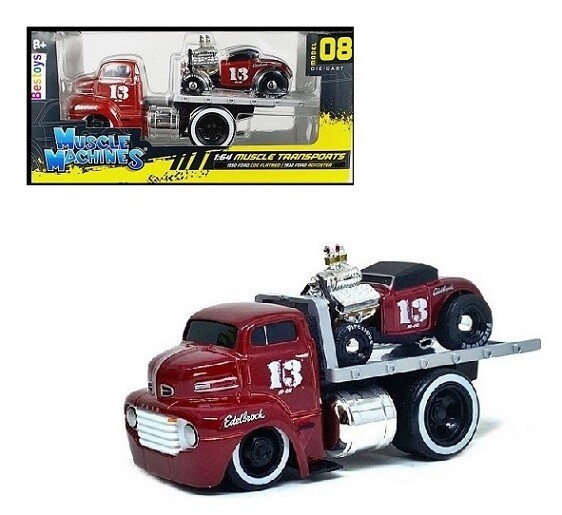 Maisto Muscle Machines Diecast Model Car Transport Ford COE Flatbed Recovery Truck 1950 + Ford Roadster 1932 No 13 1/64 scale